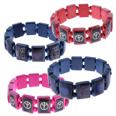 Armband Holz Love and Peace Herz und Frieden blau, lila, pink, rot